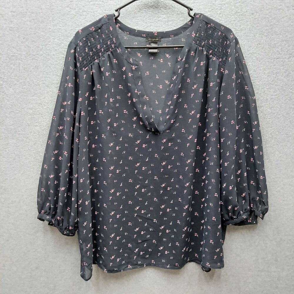 Ann Taylor Womens Floral Print Blouse Size L Black & Pink